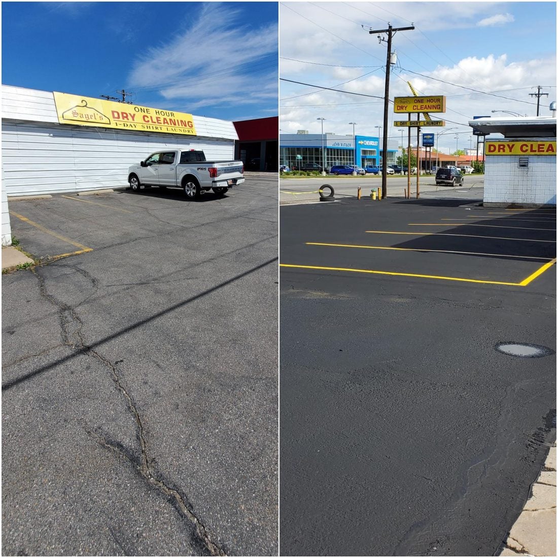 Before-and-after of an Ogden commercial parking lot showing crack sealing, sealcoating, and fresh striping completed by Asphalt Experts.